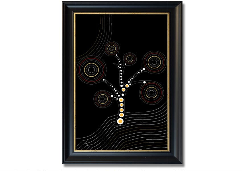 Framed Aboriginal Tree 2 print showcasing vibrant colors and intricate patterns, ready to hang.